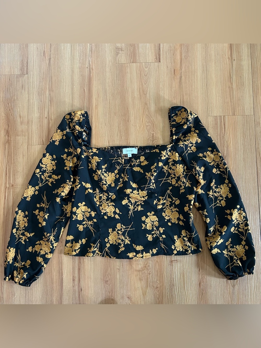 RIHOAS Black Top with Gold Floral Square Neck and Puff Sleeves Size XL